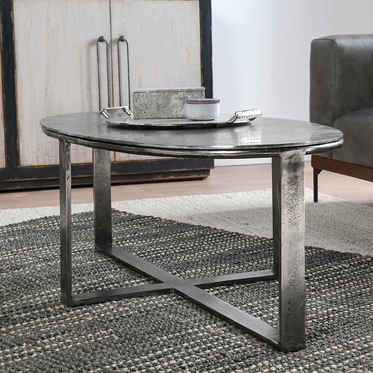 Flores Cast Aluminum Oval Coffee Table - Nickle - Image 6